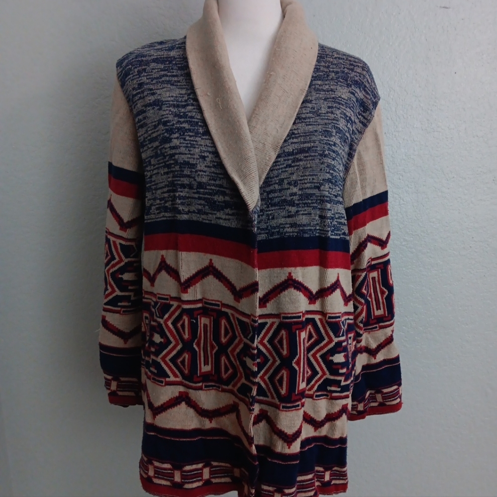 Vtg 70s acrylic open front southwest cardigan sweater bell sleeves sz M/L